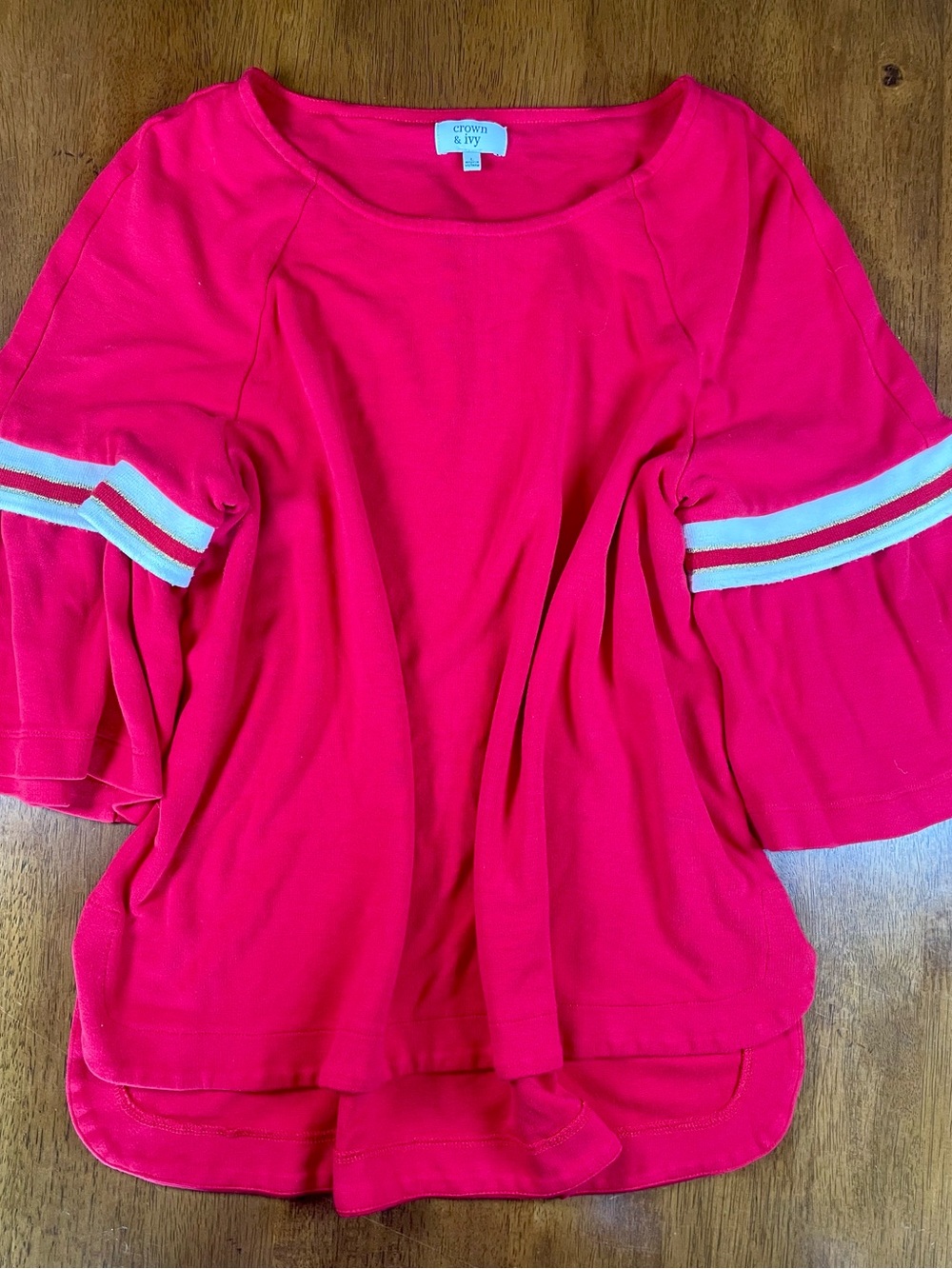 Crown & Ivy Red Bell Sleeve Knit Top with Varsity Stripes - Size Large